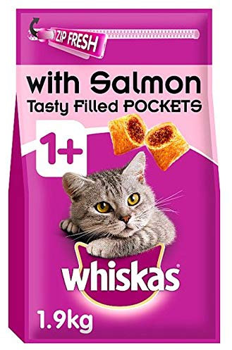 Whiskas 1+ Salmon Pack of 1.9kg Bags, Adult Cat Dry Food