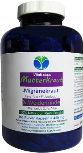 MUTTERKRAUT + WEIDENRINDE 360 Kapseln [Migränekraut Feverfew Fieberkraut] - Frauen Universalmittel nach Hildegard von Bingen. 100% NATUR pur [OHNE ZUSATZSTOFFE] 26685-360