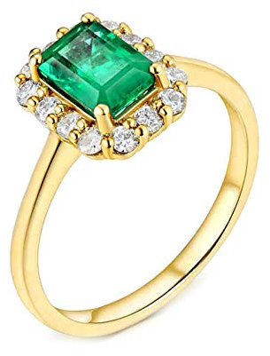 Daesar 750 Gold Ring für Damen Halo Ring mit 0.9ct Smaragd, Gold Trauring Verlobungsring mit Diamant Große 56 (17.8)