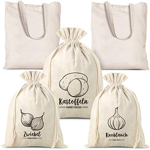 Gemüsebeutel 5er Set - 2 stk. Baumwolltasche Einkaufstasche langen Henkeln - 3 stk. Leinenbeutel mit Kordelzug für Kartoffeln, Zwiebel, Knoblauch - Kartoffelbeutel & Zwiebelbeutel & Knoblauchbeutel