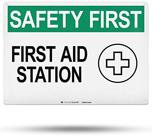 TRADESAFE Erste-Hilfe-Station, Sicherheitsschild für Erste-Hilfe-Station, schnelle Installation, Aluminium-Sicherheitsschild, wasserdichte Schilder für Geschäft, 35.6x25.4 cm Erste-Hilfe-Schild