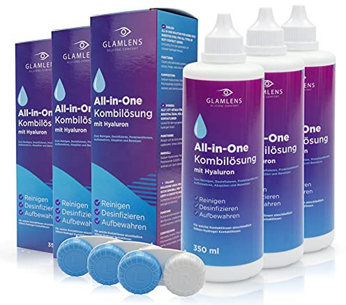 Glamlens Kontaktlinsen Flüssigkeit MIT HYALURON - 3x 350ml (1050ml) XXL Pack - Kontaktlinsenflüssigkeit ALL IN ONE Kombilösung Pflegemittel für weiche Linsen mit Behälter