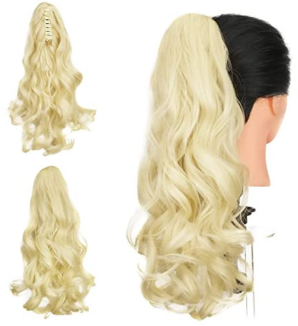 Gairyan Ponytail Extensions 45cm Claw on Pferdeschwanz Haarteil Clip in Extensions Zopf Lockige Gewellt Lang Haarteil Zopf Synthetik Haar Kunsthaar Haarverlängerung für Frauen (Gebleichtes Blond)