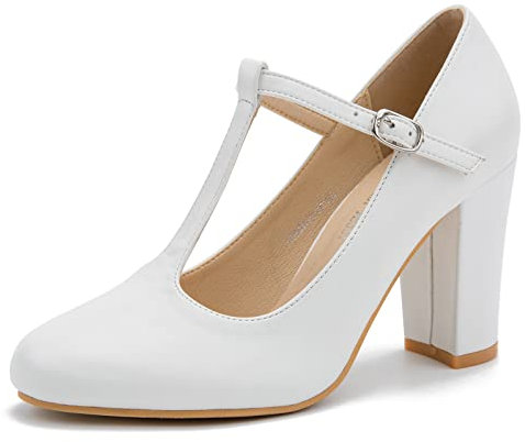 Damen T-Strap Mary Jane Pumps High Block Chunky Heel Hochzeitskleid Schuhe, Mattweiß, 38 EU