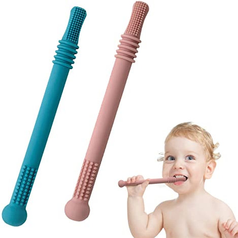 Baby Beißröhrchen, Hohle Beißröhrchen, Baby-Softfood-Silikon-Beißspielzeug für Kleinkinder mit stillendem Beißkauen, für Babys 0-6 Monate, Sensorische Erkundung und Zahnentlastung (Blau und Rosa)