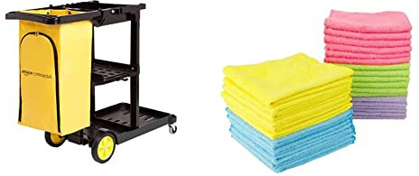 AmazonCommercial Reinigungswagen mit Reißverschlusstasche und 2 Ablageflächen & Leviatan 30 Stück Mikrofaser-Reinigungstücher Putztücher | Mehrfarbig | Allzwecktücher 30x30cm
