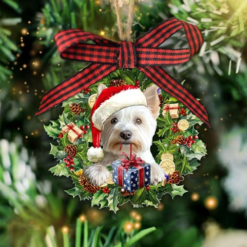 Talataca White West Highland Terrier Wearing Hat Wreath Westie Dog 2D Flat Christmas Tree Wood Ornament Decor Wooden Hanging Decoration House Present Xmas Eve Keepsake Decorative