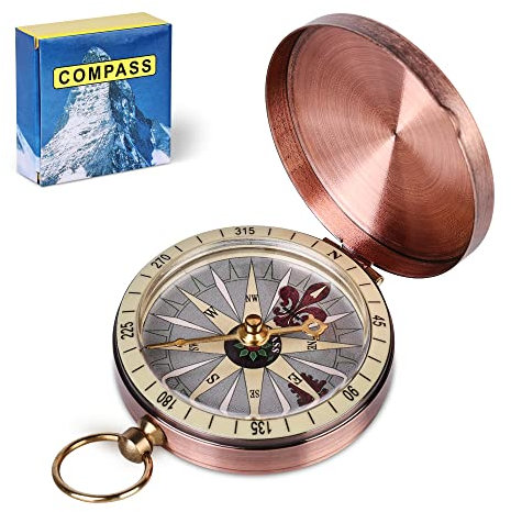 Mitening Kompass Outdoor, Portable Messingkompass Taschenkompass Klassischer Wasserdichter Marschkompass Taschenuhr Flip-Open mit Leuchtziffern für Camping Wandern Jagd und Aktivitäten im Freien