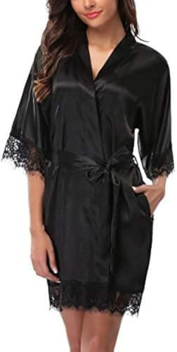 Damen Morgenmantel Bademantel Satin Kurz Sexy Kimono Robe V-Ausschnitt Nachtwäsche mit Gürtel Nachthemd für Braut Brautjungfern