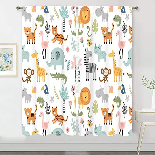 MESHELLY Safari-Vorhänge für Kinder, 106 x 160 cm (B x H), Stangentasche, Kinderzimmer, Baby, Jungen, Schlafzimmer, Dekoration, Cartoon, Löwe, Dschungel, Wald, Wildtiere, Kleinkind, Mädchen, Kinder