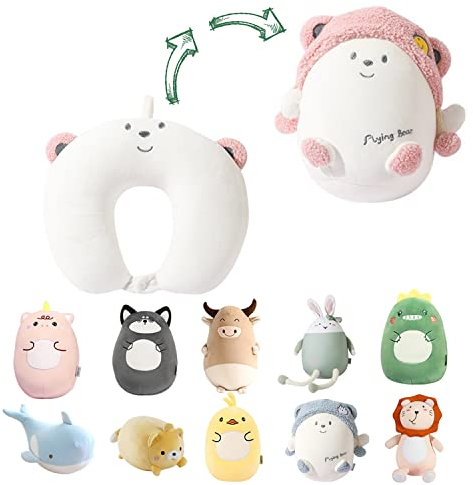 JOYRAVO Kinder Reisekissen 2-in-1 verformbares Nackenkissen, weiches U-förmiges Kissen mit niedlichen Plüschtieren, gemütlicher Schlaf- und Spielbegleiter für Flugzeuge, Autos und Reisen - Bär