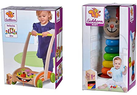 Eichhorn 100001833, Spiel- und Lauflernwagen - teilmontiert - mit 35 bunten Bausteinen aus Holz & 100017019 - Baby Steckfigur mit Hasenmotiv, 6 Ringe mit Steckkopf, 18cm