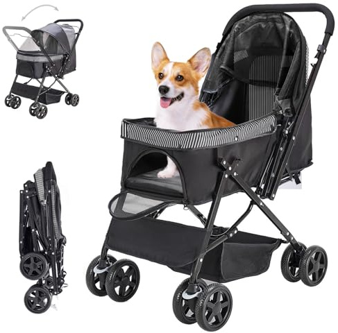 LPOTIUS Pet Stroller with Reversible Handle for Dogs, Up to 44 lb, Black