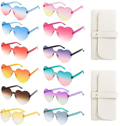 Veiteibe 12 Paar Herz Sonnenbrille Partybrille Set, Transparent Herz Party Brille, Randlose Herzbrillen mit 2 Brillentaschen, für Hochzeit Geburtstag Strand Party Foto Requisiten