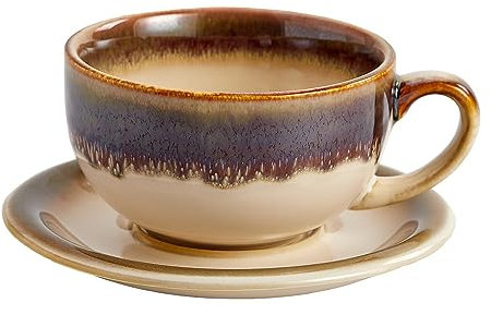 Coffeezone Vintage Design Latte Art Cappuccino Barista Tasse mit Untertasse aus Keramik, 340 ml, Braun