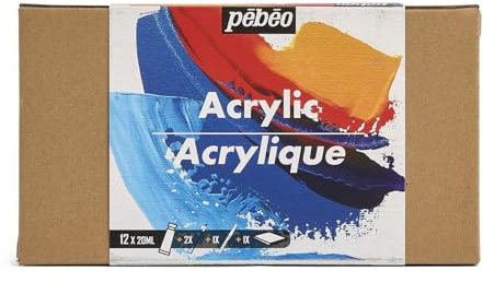 PEBEO - Studio Acrylics - Set 12 Tubes 20 Ml Couleurs Assorties + Accessoires - Kit de Peinture Acrylique pour Artiste et Débutant - Pinceaux + Spatule + Carton Toilé - Couleurs Lumineuses