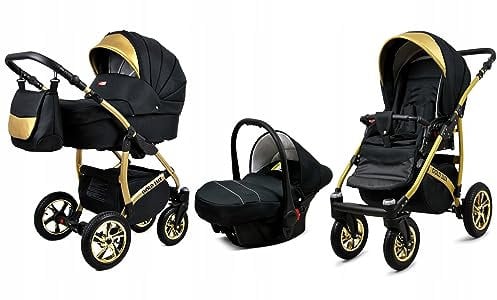 BabyLux® Bambimo Kinderwagen Set 3 in 1 - Gold Lux - incl. Babywanne, Buggy Sportsitz, Auto-Babyschale - Autositz - Kinderwagenset - Kombikinderwagen mit Wickeltasche, Regenschutz usw.