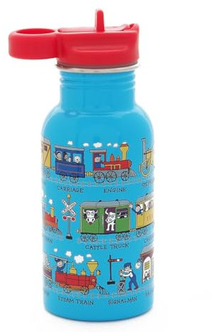 Tyrrell Katz Kids Trains Printed Drinking Bottle in Blue with Straw - Stainless Steel Dishwasher Safe Children's School Water Flask - 400 ml