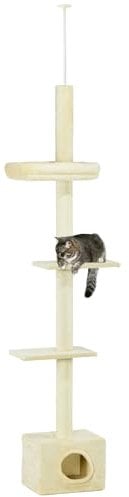 PawHut Arbre à Chat Hauteur réglable de 230 à 260 cm Tour de Jeux pour Chat Poteau à griffer 4 Niveaux d'activités avec Niche Peluche Beige