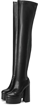 Frankie Hsu Stivali sopra il ginocchio in pelle nera con plateau, stile classico sexy stretto coscia spessa, grandi dimensioni moda club danza super alti tacchi lunghi stivali per le donne US 4-14,