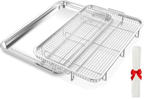 OPENICE - Cesta para freidora de aire para horno, 18.6 x 12.8 pulgadas, juego de cesta y bandeja de freidora de aire extra grande de acero inoxidable para freír frito, pollo, tocino