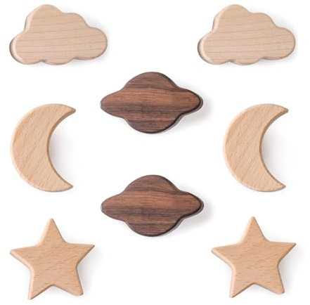 OESSUF 8 Stk Massivholz Schrankknöpfe, Holzgriffe für Kinderzimmer, Haken Ohne Bohren, Möbelknöpfe mit Schrauben mit Drei Installationsmethoden