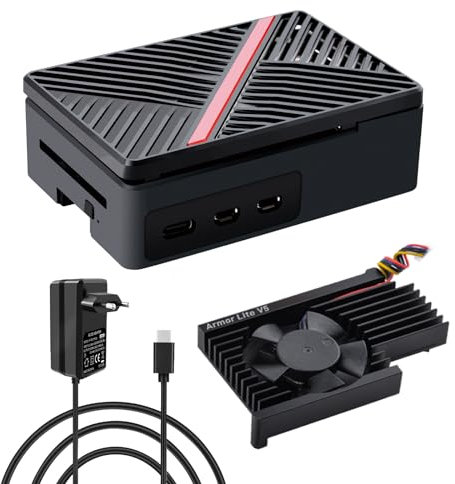 GeeekPi Raspberry Pi 5 - Carcasa ABS Con Fuente de Alimentación USB-C de 27 W y Armor Lite V5 Active Cooler Para 1GB/2GB/4GB/8GB