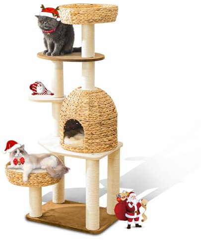 Large Wood Cat Tree Tower for Indoor Cats, Multi-Cats Scratching Post & Cat Condo with Handwoven Cat House Basket, Thick Sisal Posts, Modern Stable Cats Tower Furniture