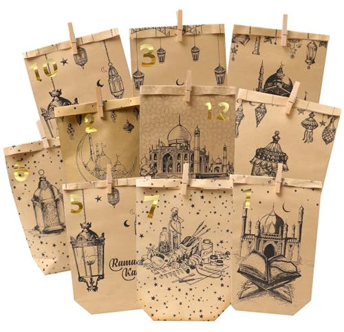 Ramadan Tüten, Ramadan Kalender Kinder, eid Mubarak Tüten, Ramadan Kalender zum Befüllen, Ramadan Deko, umrah Mubarak Deko, Ramadan Geschenke, Wiederverwendbar (30 Tüten inklusive Sticker & Klammern)