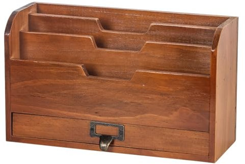 BURLOE Schreibtisch Organizer Holz Vintage, Aufbewahrungsregal Holz Desktop Organizer Mit Schublade Schreibtisch Akten Dokumenten Briefhalter Sortierer Zum Aufbewahren,Braun