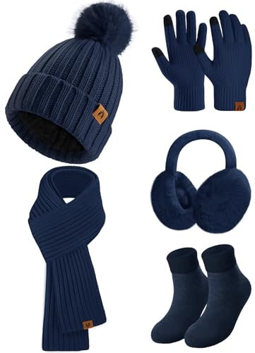 Niwicee Wintermütze Damen Fleece Gefütterte Handschuhe Damen Wärmer Lange Strickmütze Schal Warm Beanie Mütze Ohrenschützer Schal Handschuhe Socken-5 Stück Set Gestrickte Winter Geschenk-Marineblau