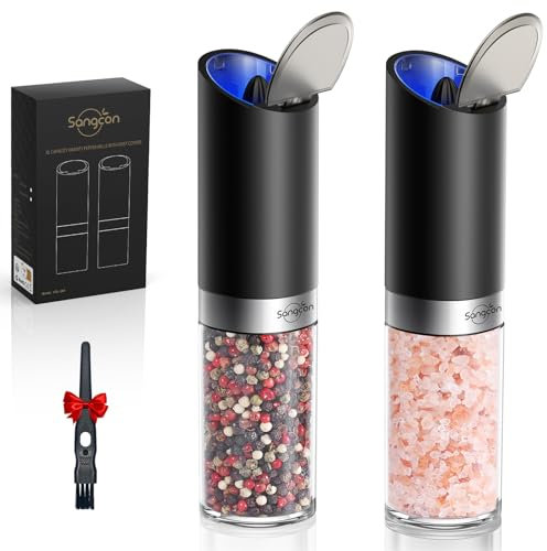 Sangcon Ensemble De Moulins à Sel Et à Poivre éLectriques à Gravité AméLioréS Alimenté Par Batterie 4AAA (Non Incluse) LumièRe LED De Grande Capacité Avec Couvercle Anti-PoussièRe éPaisseur RéGlable