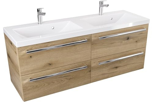 Furni Badezimmer-Waschtischunterschrank 120 cm Duo ATH DC - Mattes Holzdekor - Chromgriff