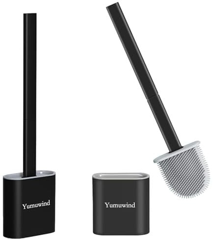 Yumuwind Toilet Brushes & Holders, 2 Pack Silicone Toilet Brush with No-Slip Long Plastic Handle, Quick Drying Loo Brush and Holder and Base for Anti-drip, Black