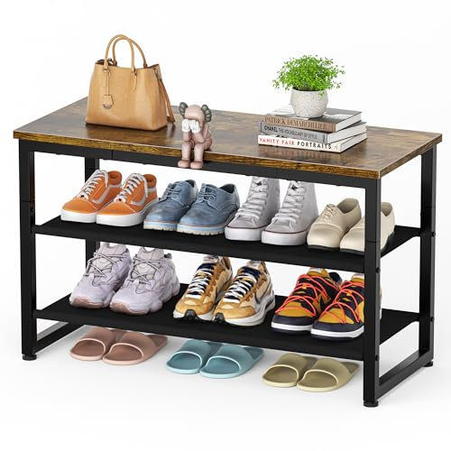 SIMPDIY Shoe Rack, 3 Tier Shoe Bench with Wooden Shelf, Shoe Storage Shoe Bench Storage with Seat for Entryway Living Room Hallway Bedroom, Load Capacity 150 kg, Rustic Brown