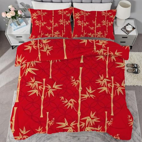 buyluhn Couette Imprimée 260x240 4 Saisons, Couette Feuille de Bambou 2 Personnes Grande Taille, Edredon Duvet Rouge avec 2 Taies d'oreiller pour Ete Hiver Adulte, Lavable en Machine
