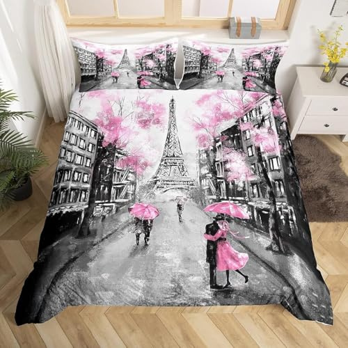 Homemissing Double Eiffel Tower Bedding Set Romantic Paris Theme Duvet Cover Couple Women's Bedroom Decoration Paris City Landscape Comforter Cover Set Printed Modern French Style Pink Grey