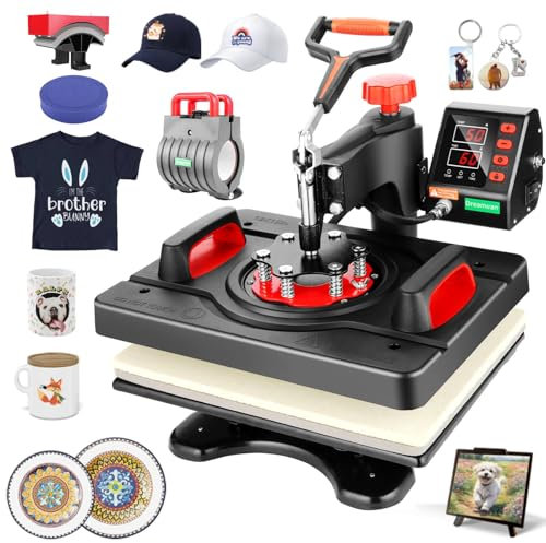 AKEYDIY Heißpresse 5 in 1 Hitzepresse Transferpresse 360 Grad Schwenkbar DIY Mulitifunktional Sublimation Heat Press Wärmepresse für T-Shirts, Hüte, Tassen, Teller usw und HTV-Vinylprojekte