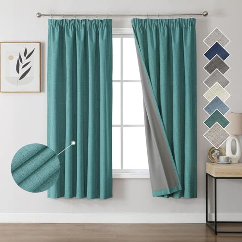 Joydeco 100% Verdunkelungsvorhänge Leinen Gardinen mit Kräuselband 2er Set H175xB140cm Grün, Thermovorhang Kälteschutz Blickdicht Schallschutz Ideal für Wohnzimmer passt zu Schienensystemen