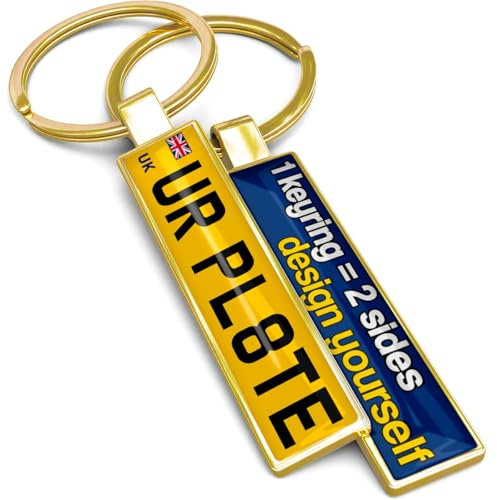 SONZE Personalised Number Plate Keyring – Custom Car Keychain with Name, Text, Logo or Photo | UK Registration Plate Keyring | Customised Gifts for Car Lovers (4. Gold)