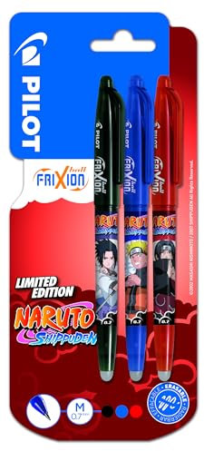 Pilot x NARUTO - Lote de 3 bolígrafos de FriXion Ball borrables edición limitada Naruto Shipudden - Bolígrafos recargables - Negro, Azul, Rojo - Punta media