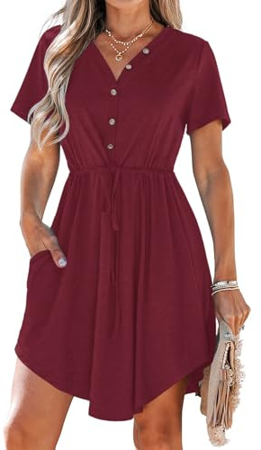 AUSELILY Summer Midi Dresses for Women UK V Neck Short Sleeve with Pockets | Short Sleeves,V-Neck,Decorative Front Buttons,Drawstring Waist,Two Side Pockets,Above-Knee Midi Length,High-Low Hem