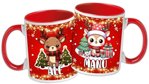 t-shirteria Coppia Tazze Natale Rosse con Nomi Personalizzabili, Simpatiche Tazze Natalizie in Ceramica 330 ML, Idea Regalo Coppie (Renna, Renne Carine, Animali Simpatici)
