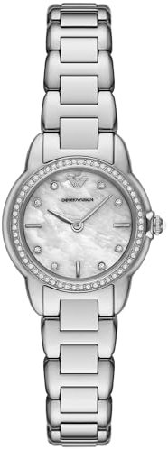 Emporio Armani Watch for Women, Three Hand Quartz Movement and 32mm Case Size with Stainless Steel, Leather or Silicone Strap Off-White und Silberton, 26MM