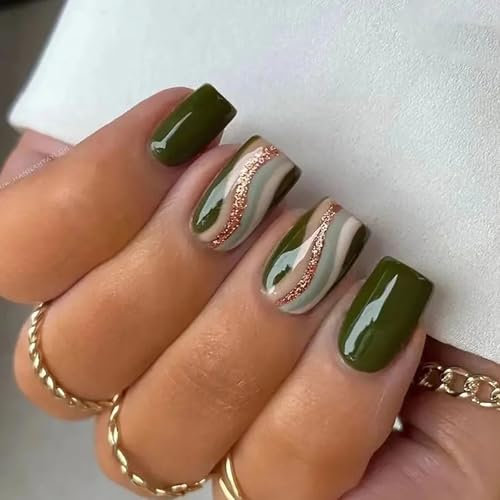 24 Green Glitter Sequin Coffin Swirl Press-on Nails - Short False Nails for Women - Easy Daily Wear Adhesive - Pack of 24