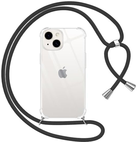 Phoona Crossbody Lanyard Case for iPhone 15 6,1 with Strap, Necklace Mobile Phone Cover with Adjustable Neck Strap, Clear Transparent TPU Soft Phone Cover with Neck Cord-Black
