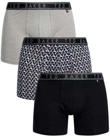 Ted Baker Mens 3-pack Cotton Boxer Briefs, Heather Grey/Retro Geo Blue/Black, M UK