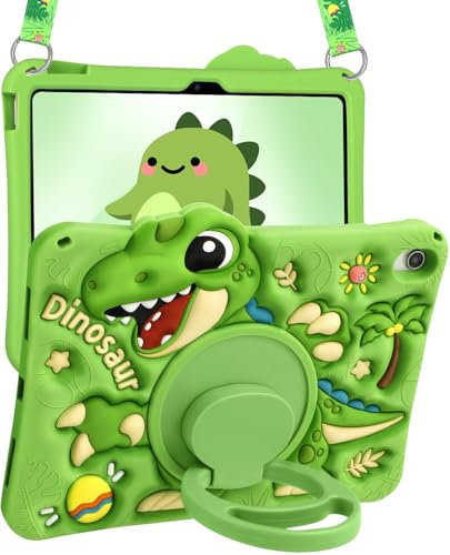 Kokaade for iPad 10th Generation/A16 Case - Soft Silicone with Shoulder Strap & Rotating Stand Cute Cartoon Dinosaur for Boys Girls Teens for iPad 11th Generation 11 Inch 2025