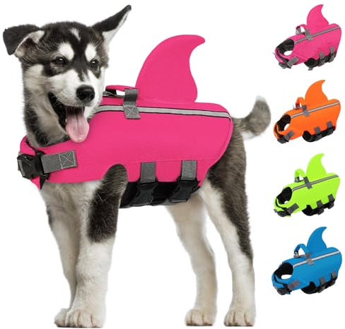 AOFITEE Schwimmweste Hunde Mittel Hai, Verstellbar Hunde Schwimmweste Hai mit Rettungsgriff, Reflektierende Rettungsweste Hund Hohe Flotation Schwimmweste Hundeschwimmweste für Mittlere Hund