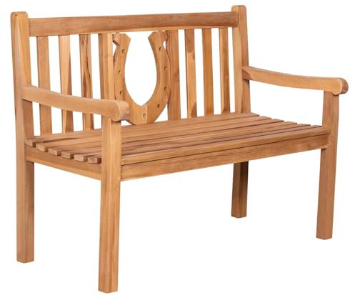 MR. DEKO Gartenbank Motiv Teakholz | Holzbank mit Lehne | Friesenbank für draußen | 2-Sitzer 120x60x94 cm | Sitzbank Teak massiv & wetterfest Garten Balkon Terrasse | Parkbank zum Relaxen (Hufeisen)